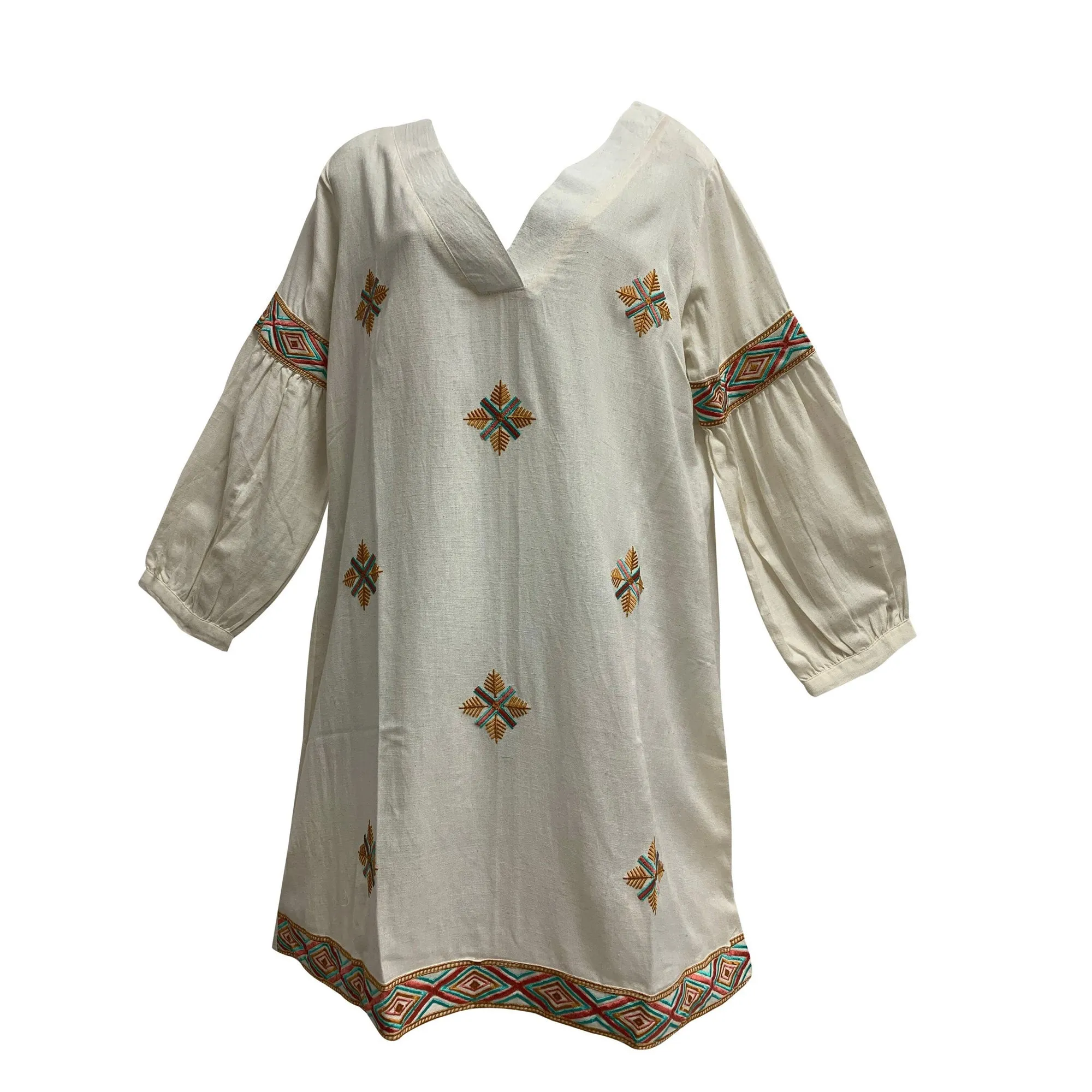 Ethnic Boho Classic style Embroidered Long Bishop Sleeve Short Mini jumper Midi Dress