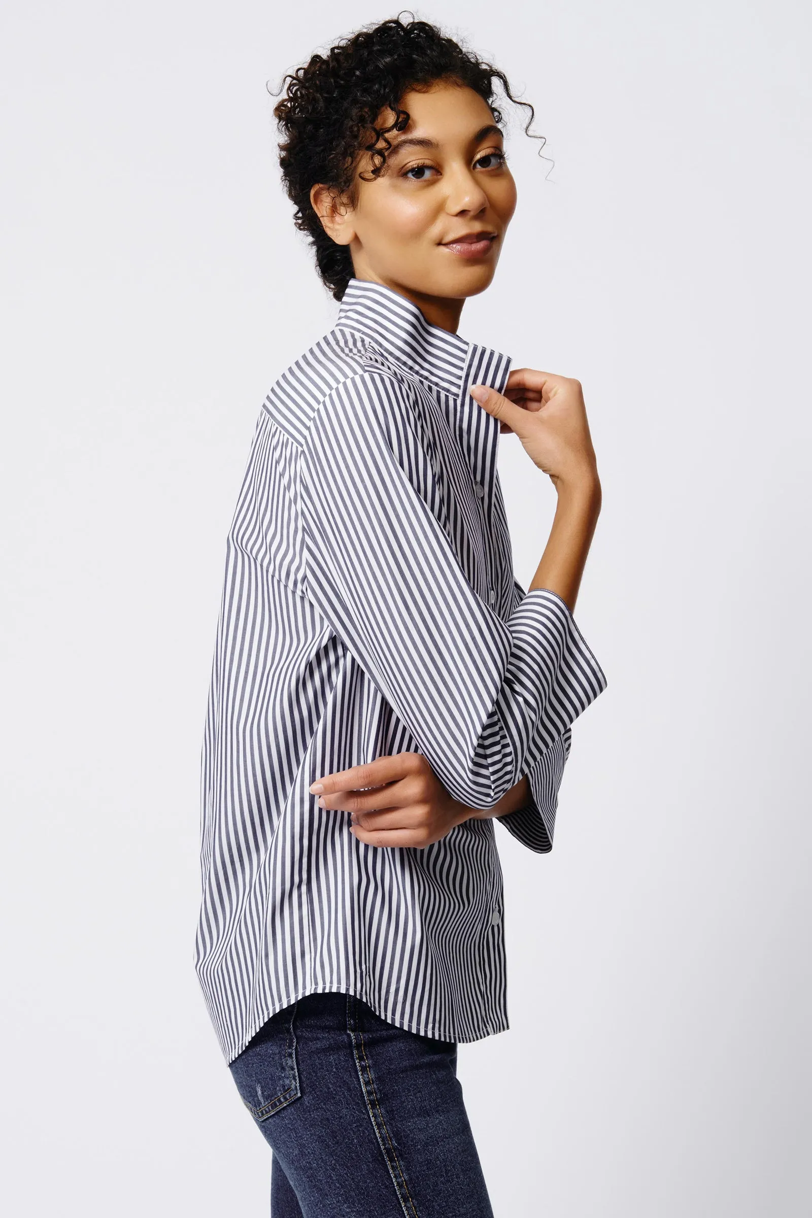 Greta Placket Front Shirt - Indigo Stripe