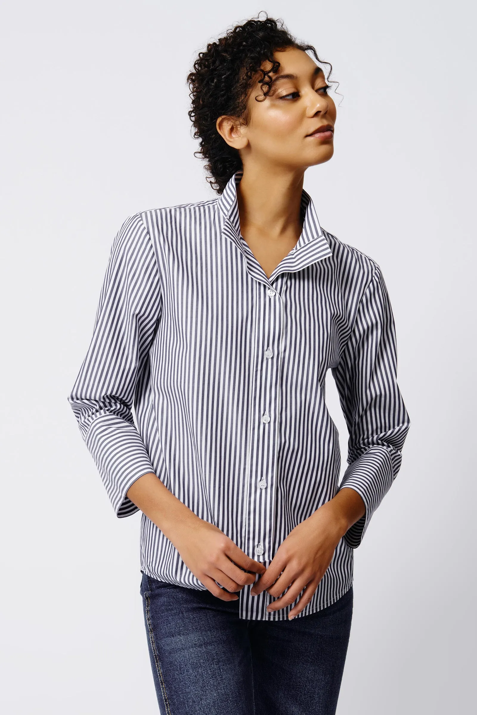 Greta Placket Front Shirt - Indigo Stripe