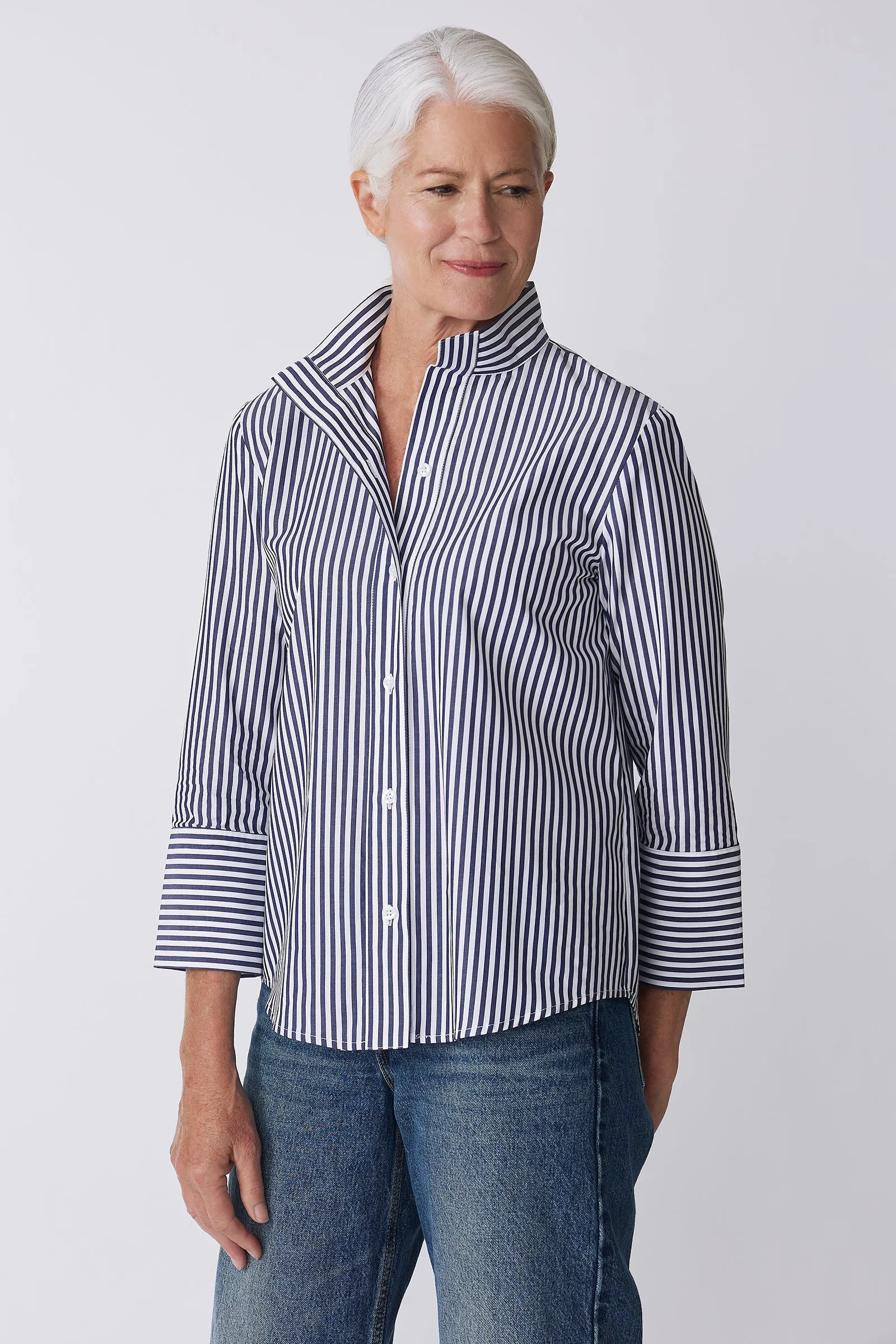 Greta Placket Front Shirt - Indigo Stripe