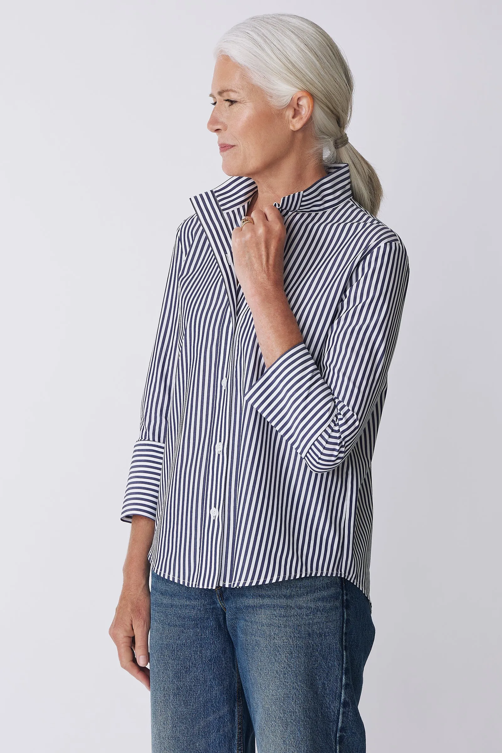 Greta Placket Front Shirt - Indigo Stripe