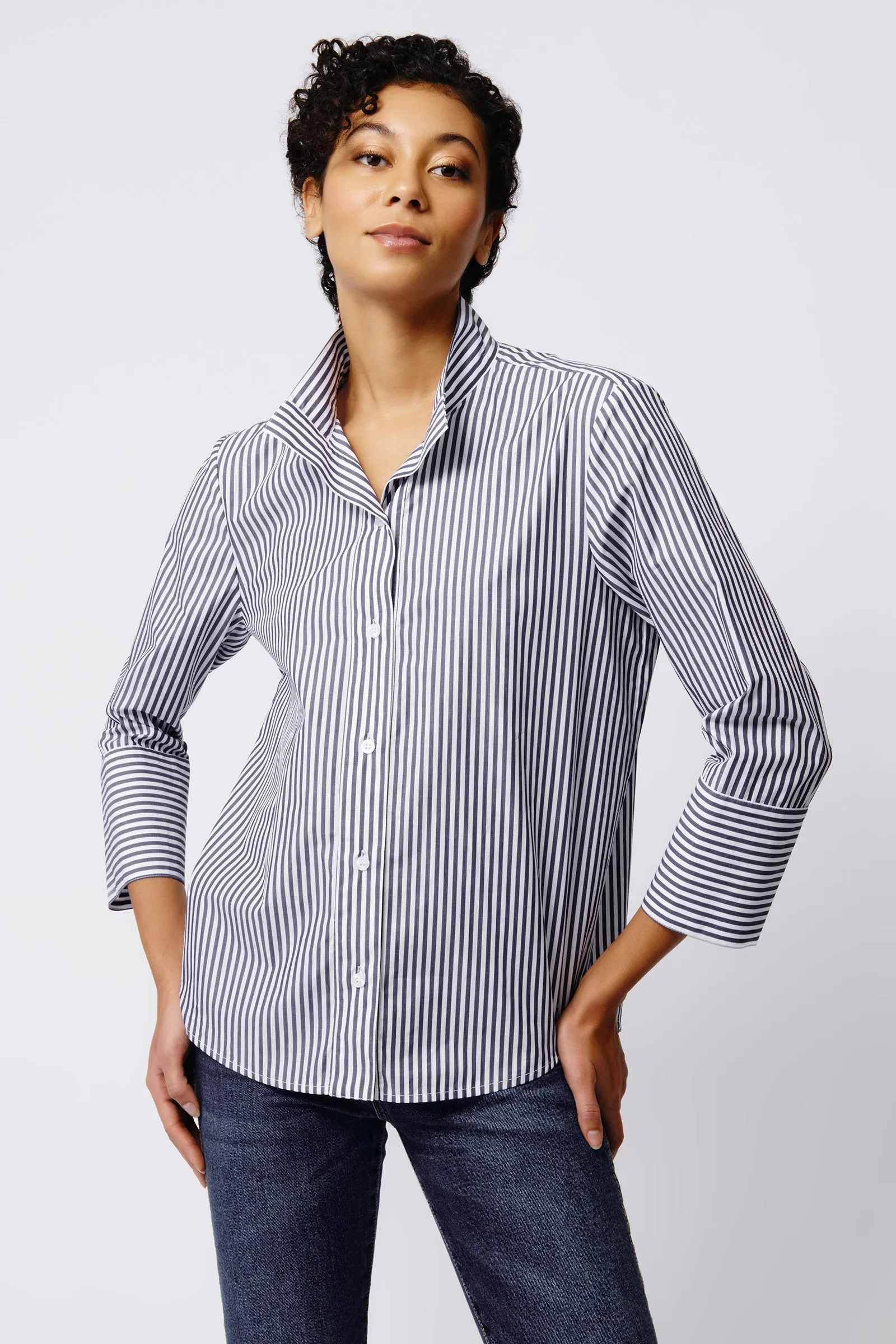 Greta Placket Front Shirt - Indigo Stripe