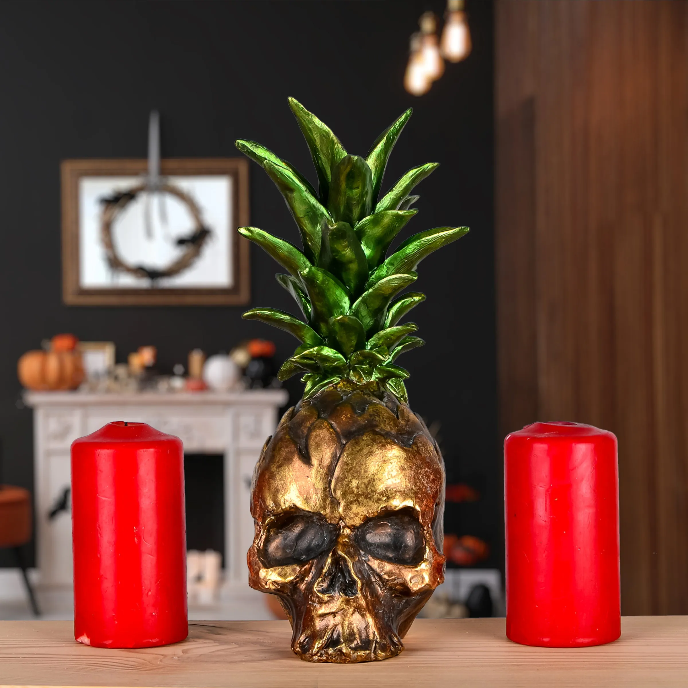 Halloween Tabletop Decoration, Gold, Pineapple Skull, 14 Inches