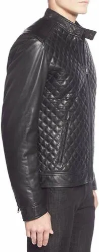 High Quality Men's Black Leather Biker Quilted Jacket