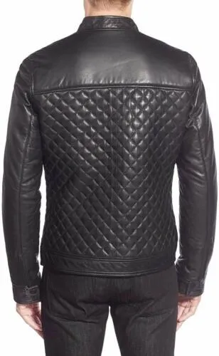 High Quality Men's Black Leather Biker Quilted Jacket