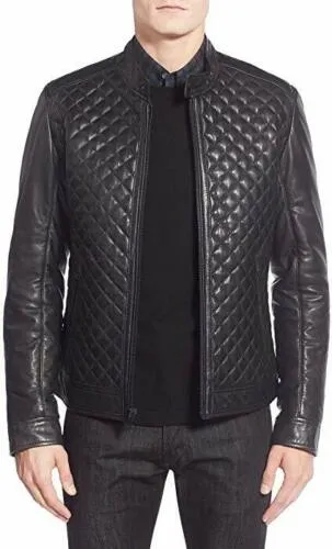 High Quality Men's Black Leather Biker Quilted Jacket