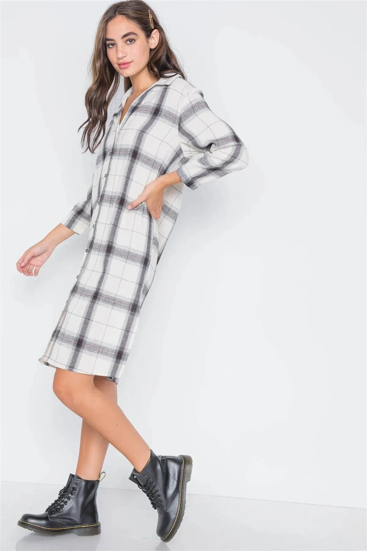Ivory Plaid Button Down Casual Shirt Dress /2-2-1