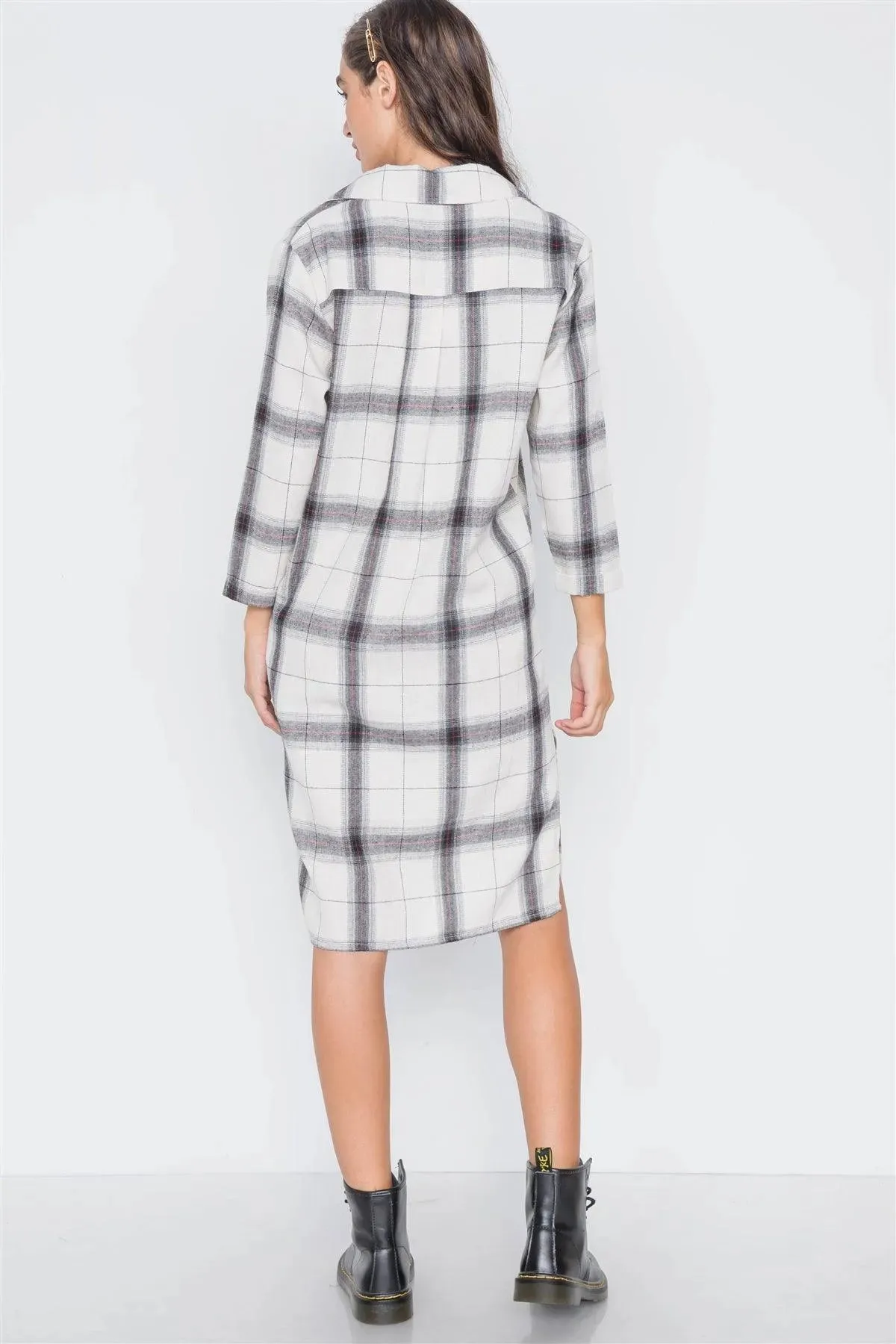 Ivory Plaid Button Down Casual Shirt Dress /2-2-1