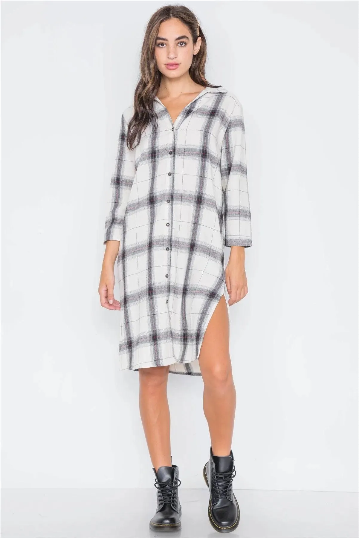 Ivory Plaid Button Down Casual Shirt Dress /2-2-1