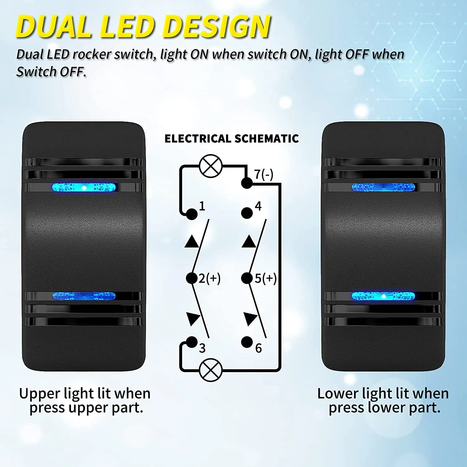 Joinfworld Marine Rocker Switch 12V 20A 3 Position on off on DPDT 7 Pin 3 Way Rocker Switch Toggle Waterproof Blue LED Light with Jumper Wire for Automotive Car UTV ATV Boat