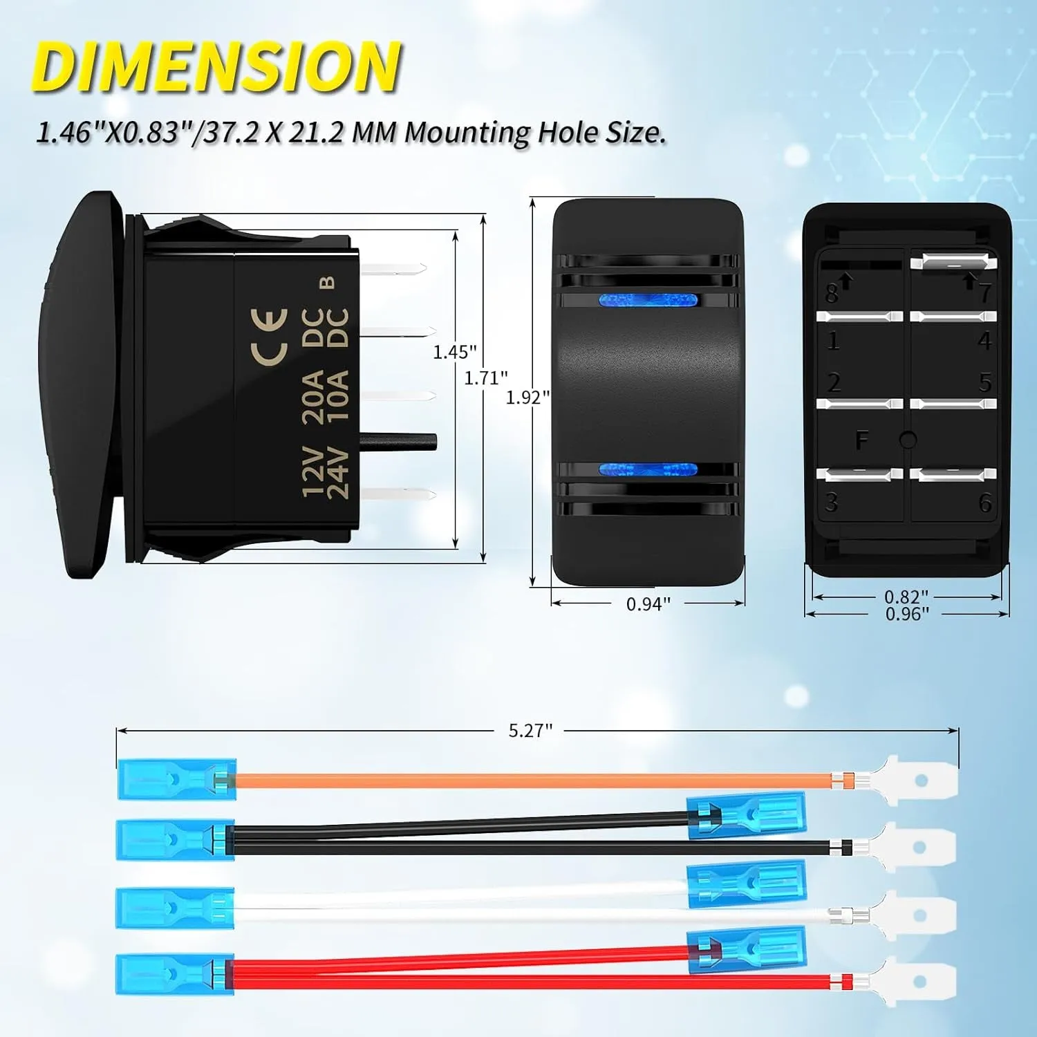 Joinfworld Marine Rocker Switch 12V 20A 3 Position on off on DPDT 7 Pin 3 Way Rocker Switch Toggle Waterproof Blue LED Light with Jumper Wire for Automotive Car UTV ATV Boat