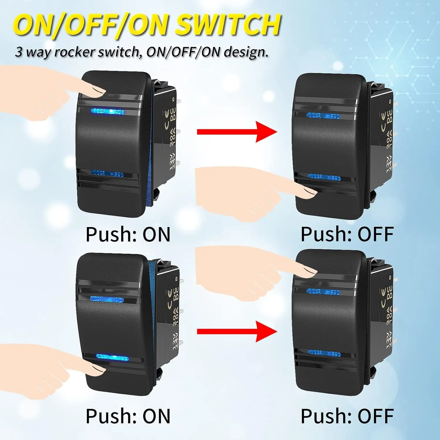 Joinfworld Marine Rocker Switch 12V 20A 3 Position on off on DPDT 7 Pin 3 Way Rocker Switch Toggle Waterproof Blue LED Light with Jumper Wire for Automotive Car UTV ATV Boat
