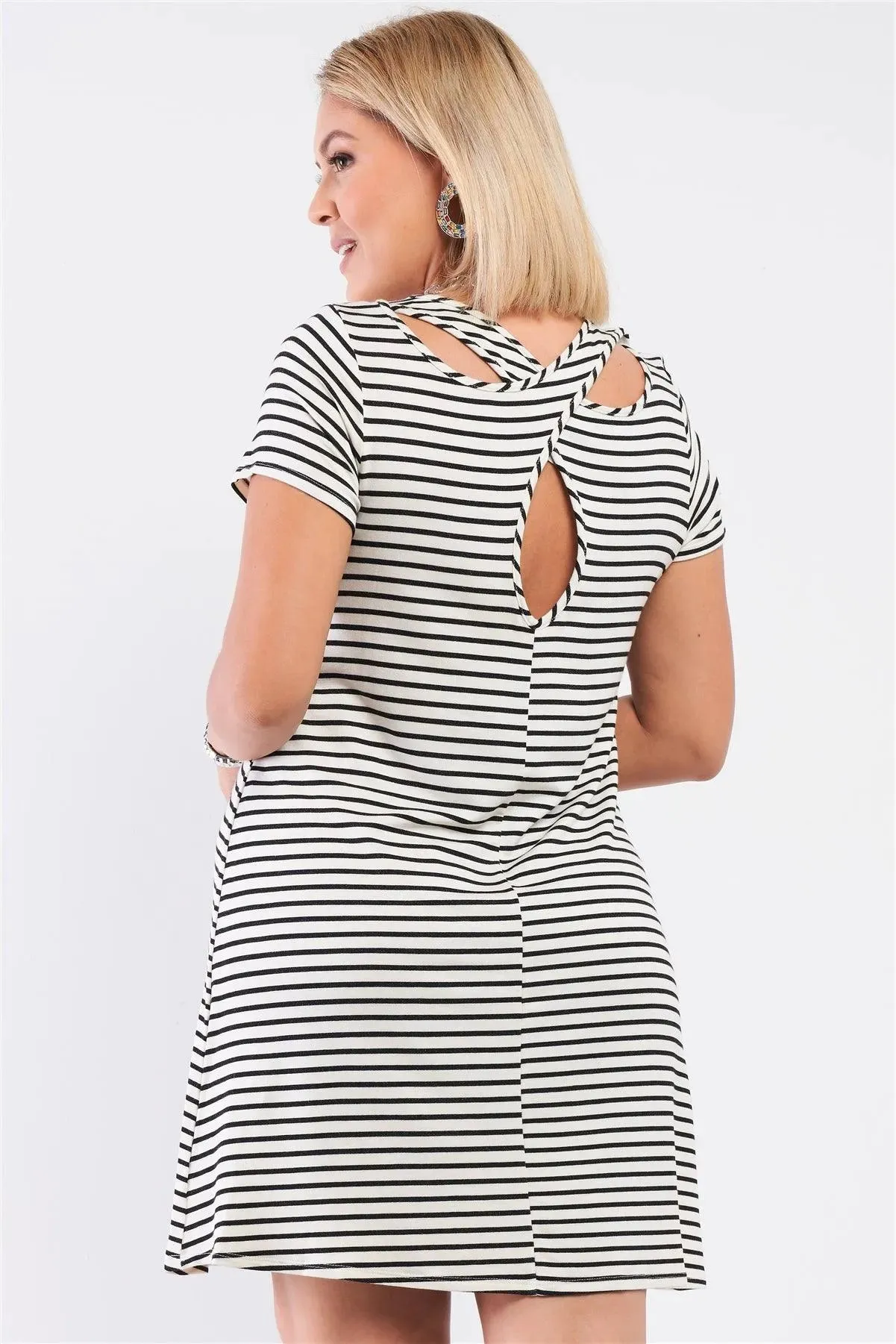 Junior Plus Ivory Black Striped Short Sleeve Loose Fit Back Cris-Cross T-Shirt Style Mini Dress /3-3