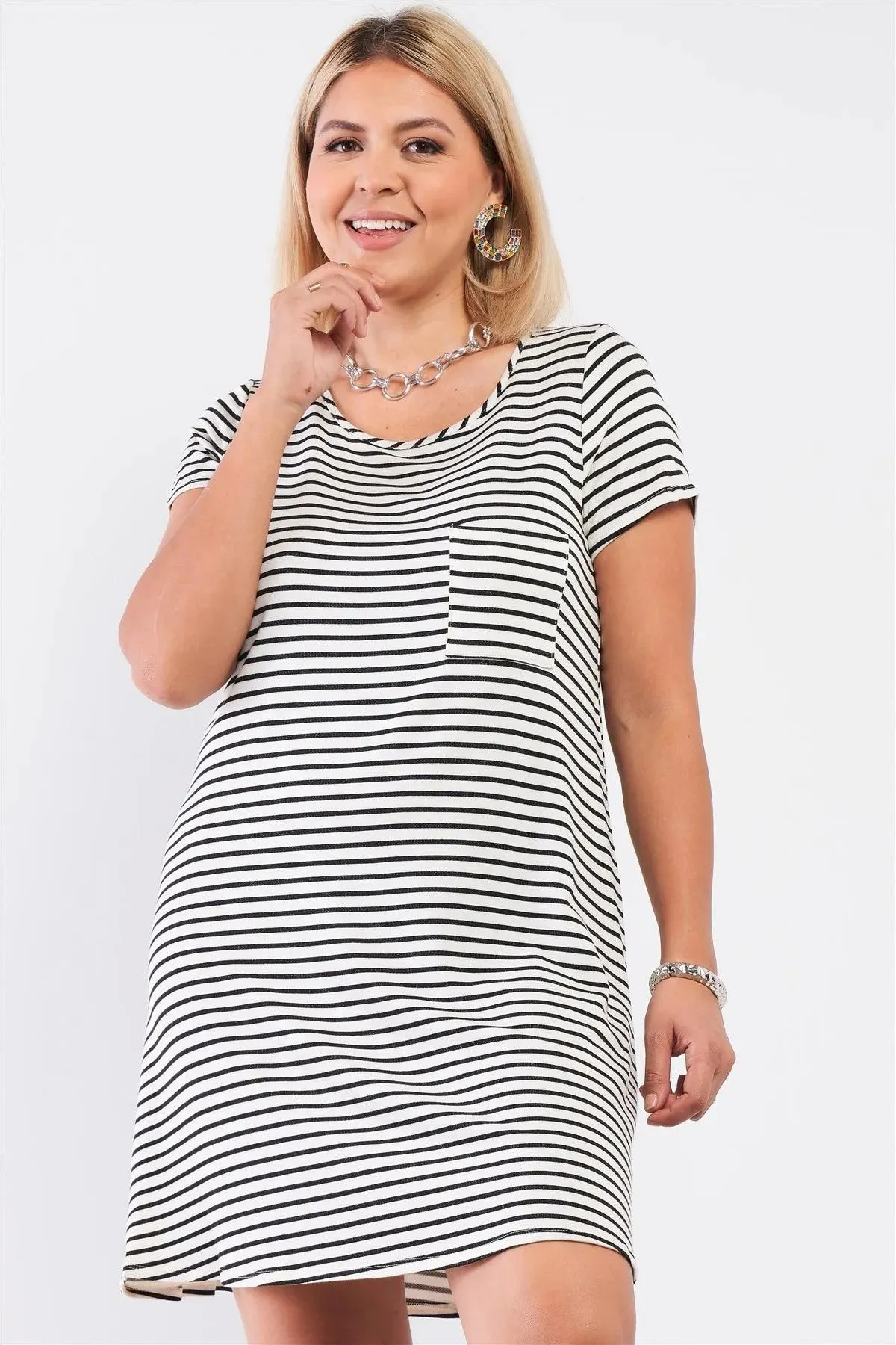 Junior Plus Ivory Black Striped Short Sleeve Loose Fit Back Cris-Cross T-Shirt Style Mini Dress /3-3