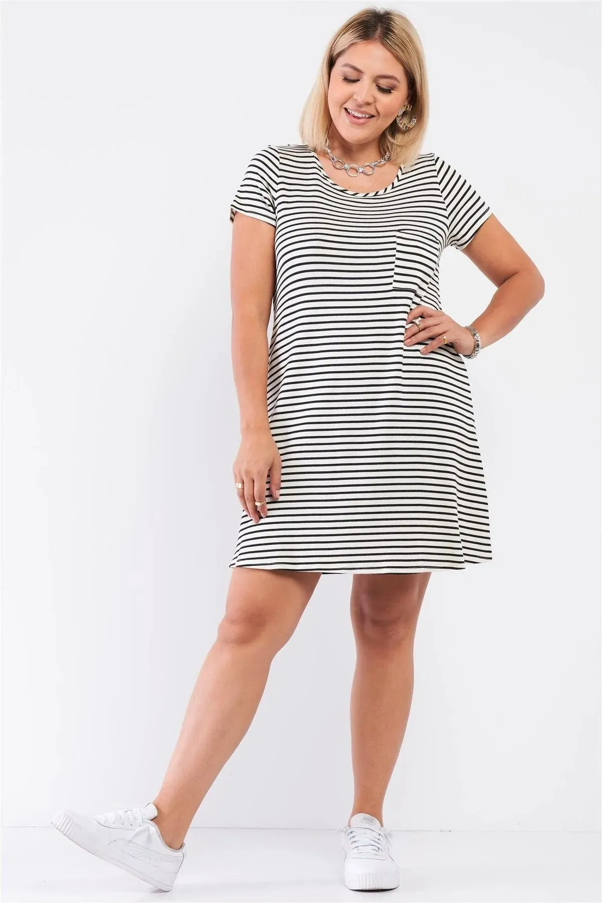 Junior Plus Ivory Black Striped Short Sleeve Loose Fit Back Cris-Cross T-Shirt Style Mini Dress /3-3