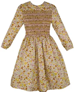 Long Sleeve Hand Smocked Fall Floral Girls Dress