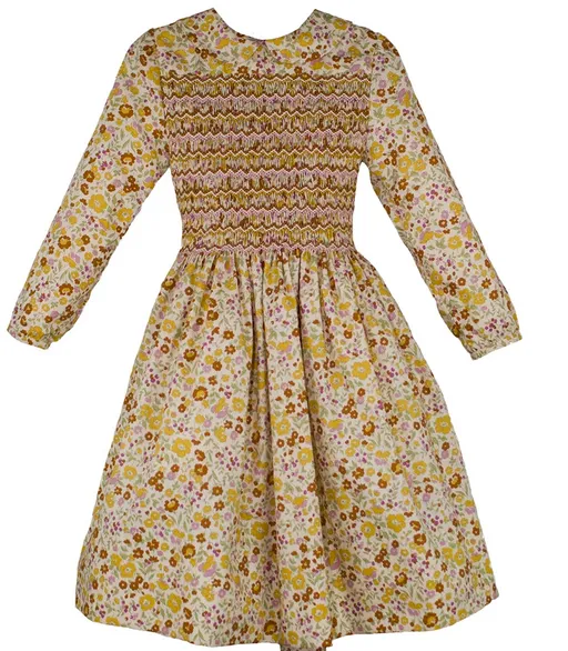 Long Sleeve Hand Smocked Fall Floral Girls Dress