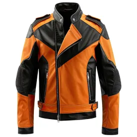 Men's Bold Orange Black Contrast Genuine Sheepskin Biker Style Jacket