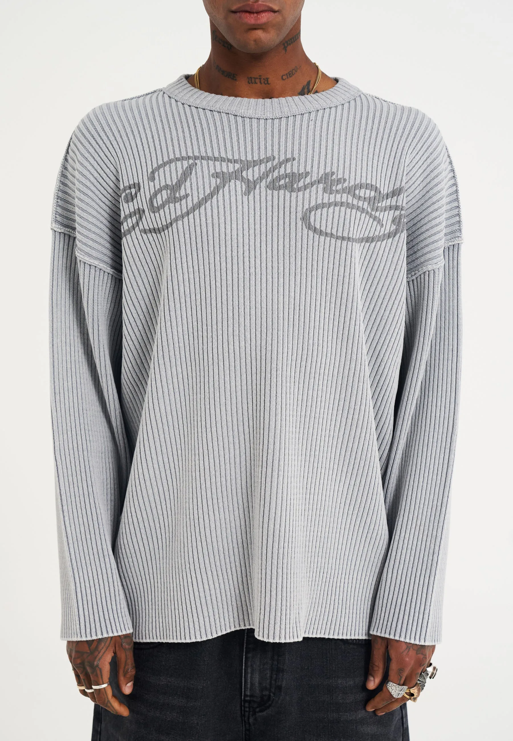 Mens Death Fighter Knitted Rib Relaxed Jumper - Grey