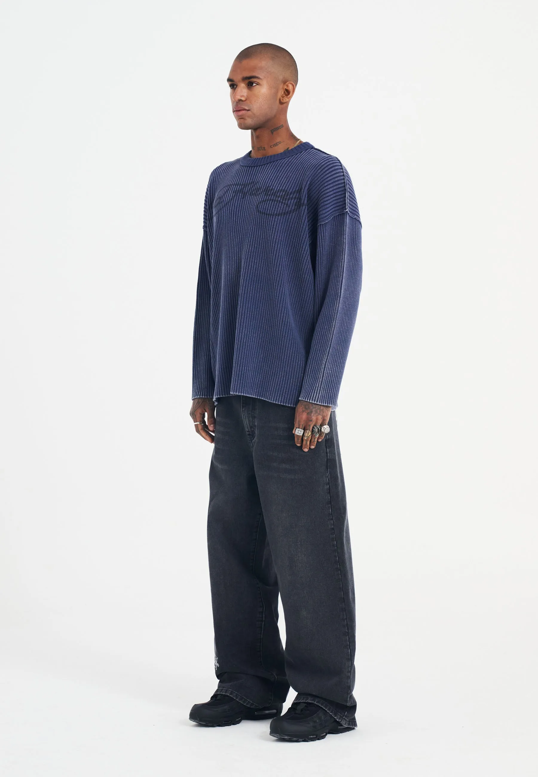 Mens Death Fighter Knitted Rib Relaxed Jumper - Navy