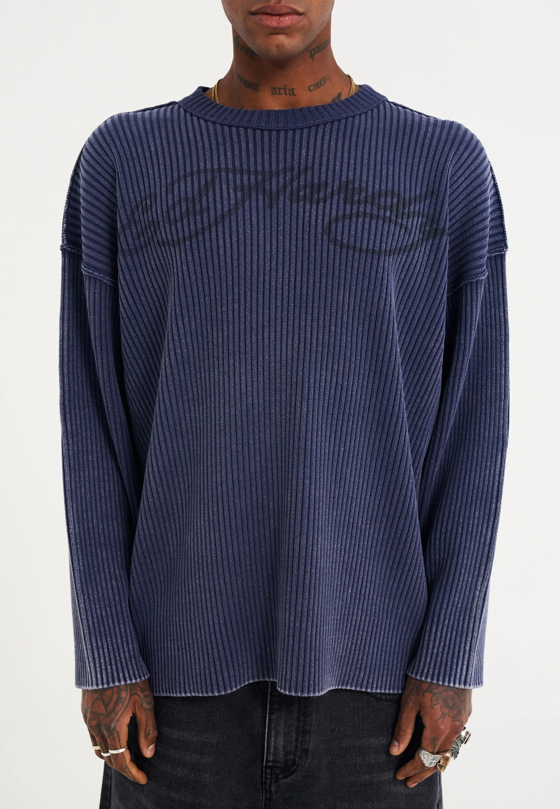 Mens Death Fighter Knitted Rib Relaxed Jumper - Navy