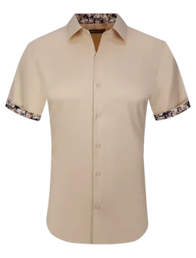 Men's khaki shirt short sleeves tan shirts paisley cuff on the sleeves