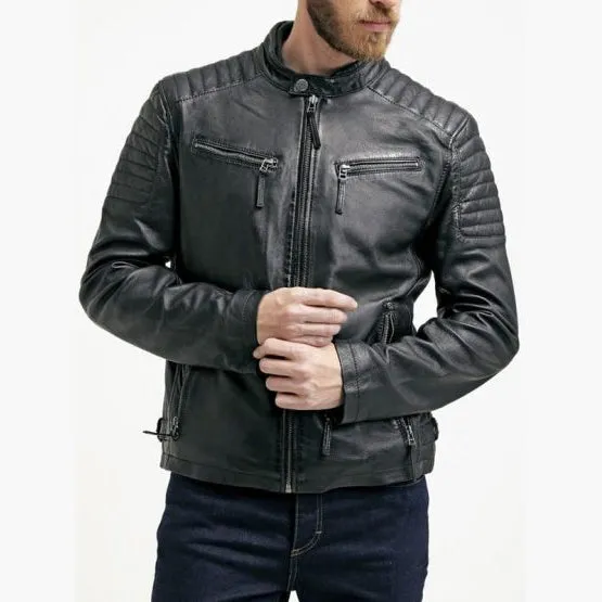 Mens Waxed Sheepskin Quilted Leather Jacket Black