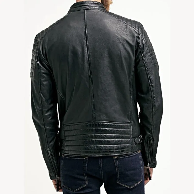 Mens Waxed Sheepskin Quilted Leather Jacket Black