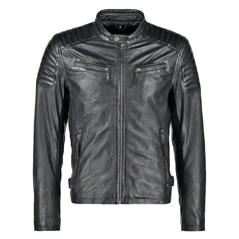 Mens Waxed Sheepskin Quilted Leather Jacket Black
