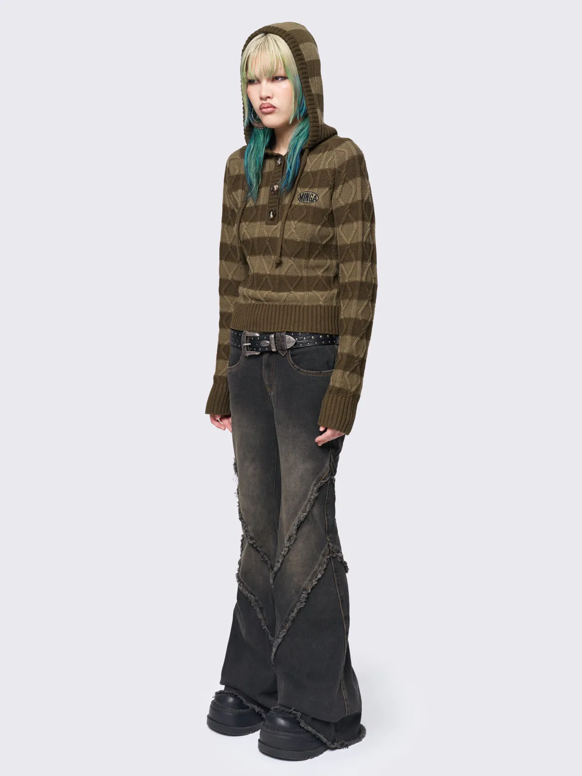 Olive Striped Knitted Hoodie