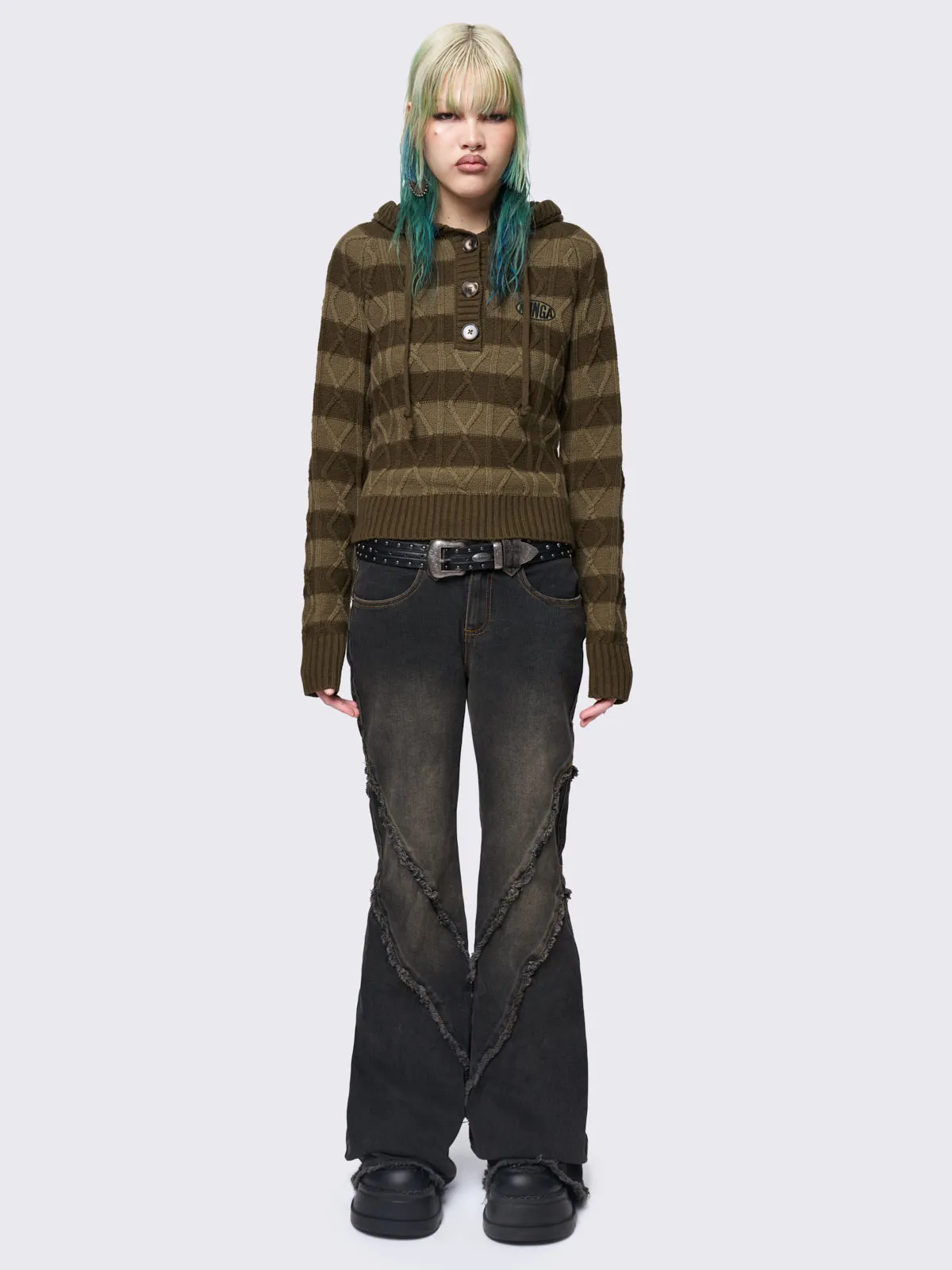 Olive Striped Knitted Hoodie