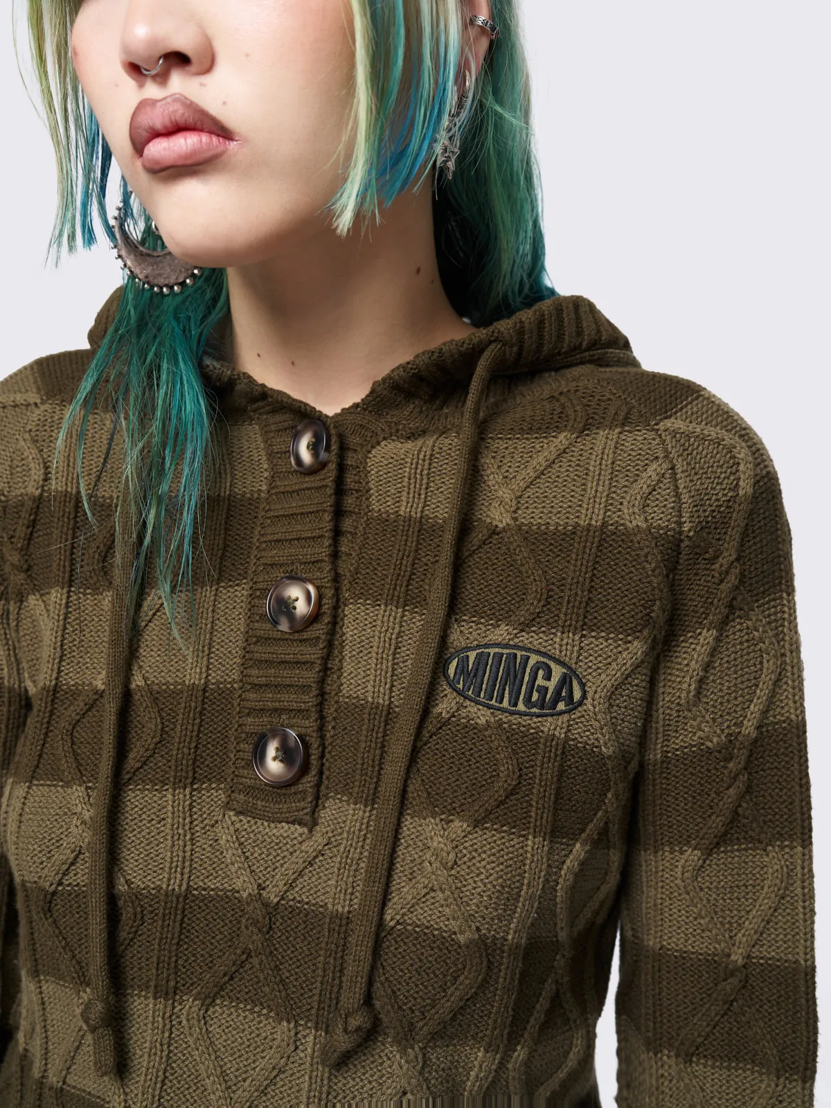 Olive Striped Knitted Hoodie