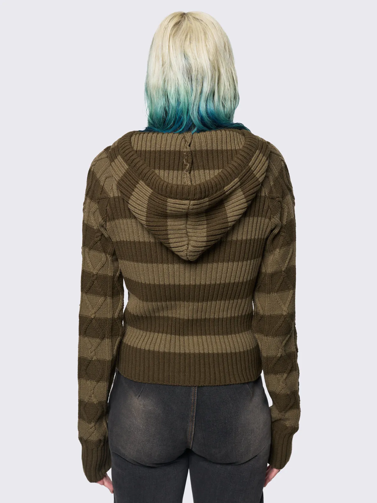 Olive Striped Knitted Hoodie