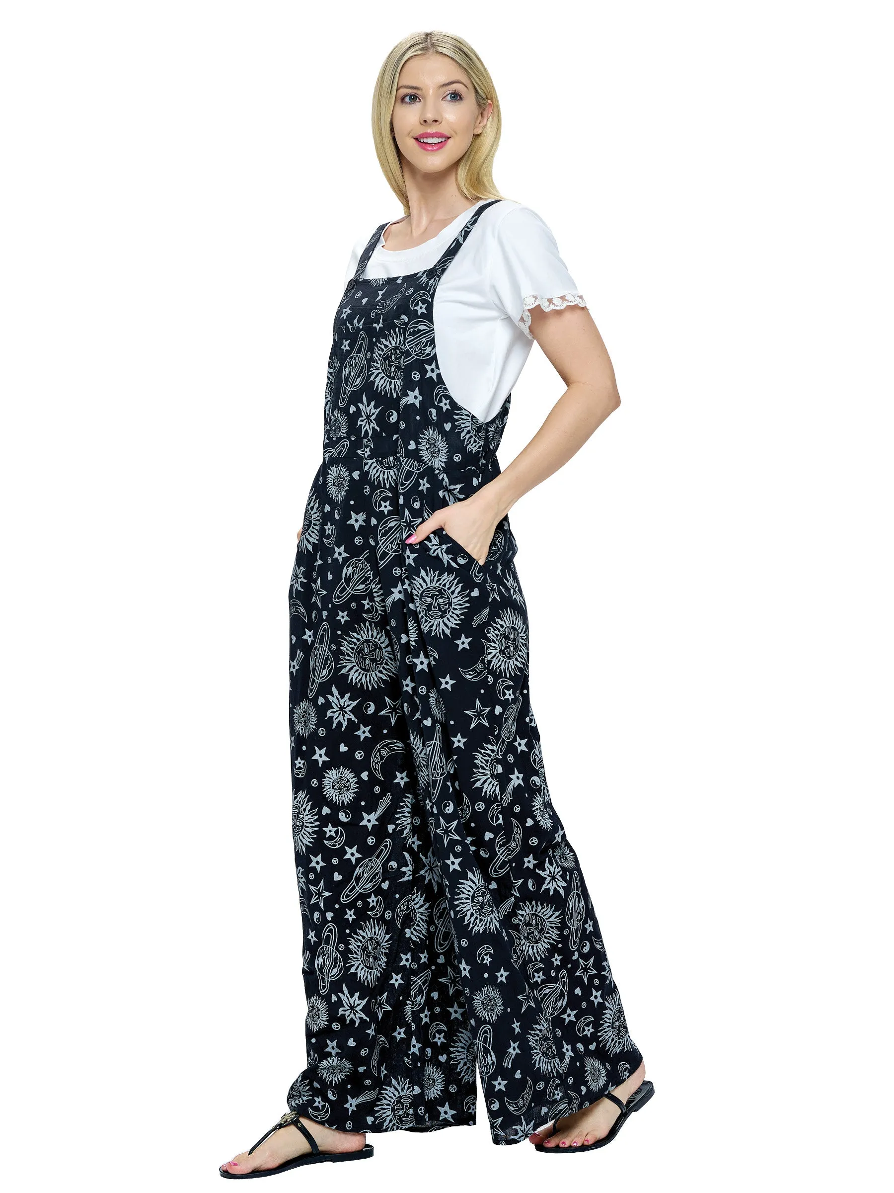 Overall Boho Jumpsuit Universe Sun Moon Print