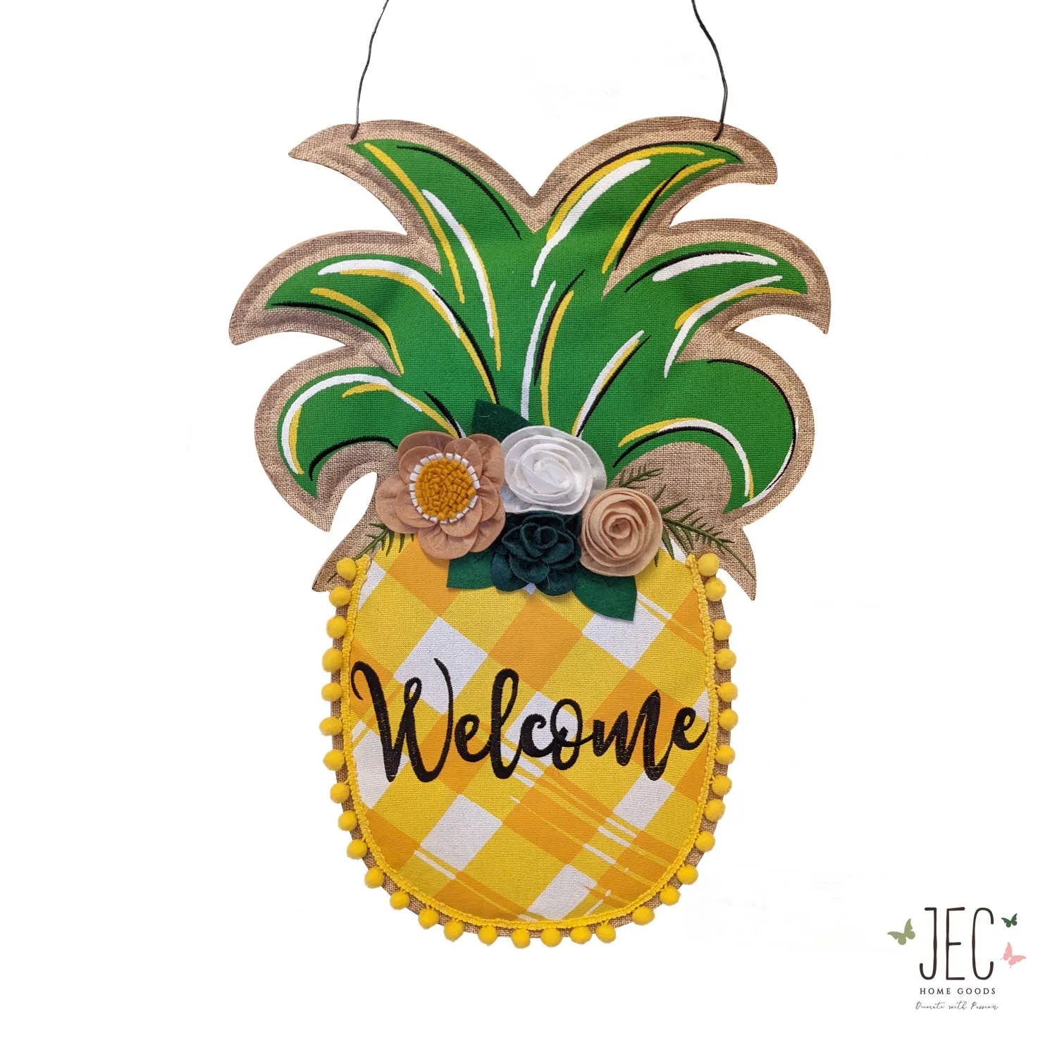 Pineapple Pom Pom Welcome Burlap Wall Décor  21"x1