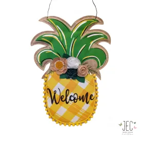 Pineapple Pom Pom Welcome Burlap Wall Décor  21"x1