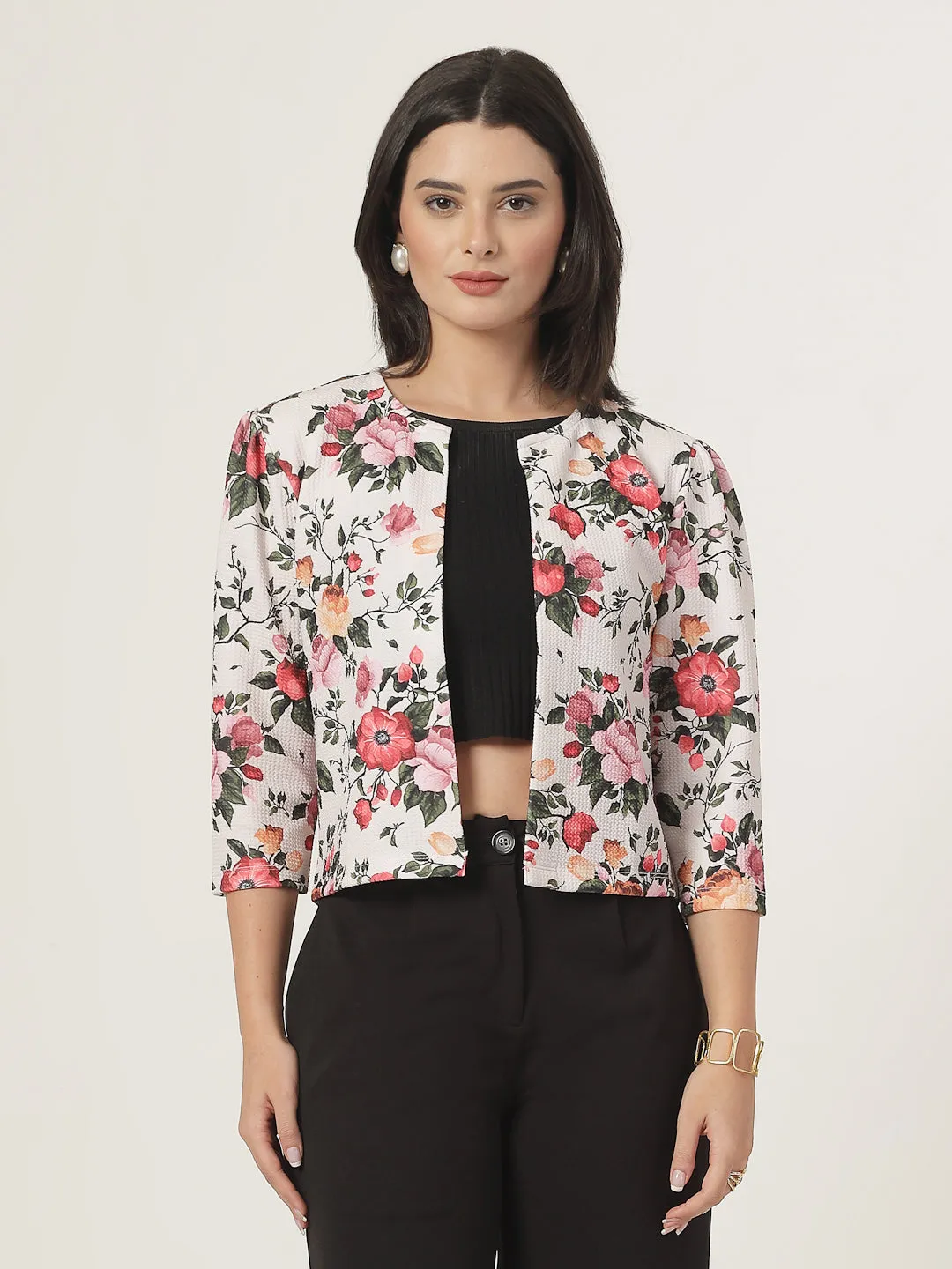 Style Quotient Women Beige Floral Printed Shrug with puffed 3/4th sleeves