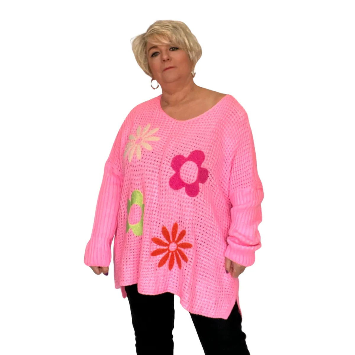 V NECK JUMPER WITH APPLIQUE HIPPY STYLE FLOWERS