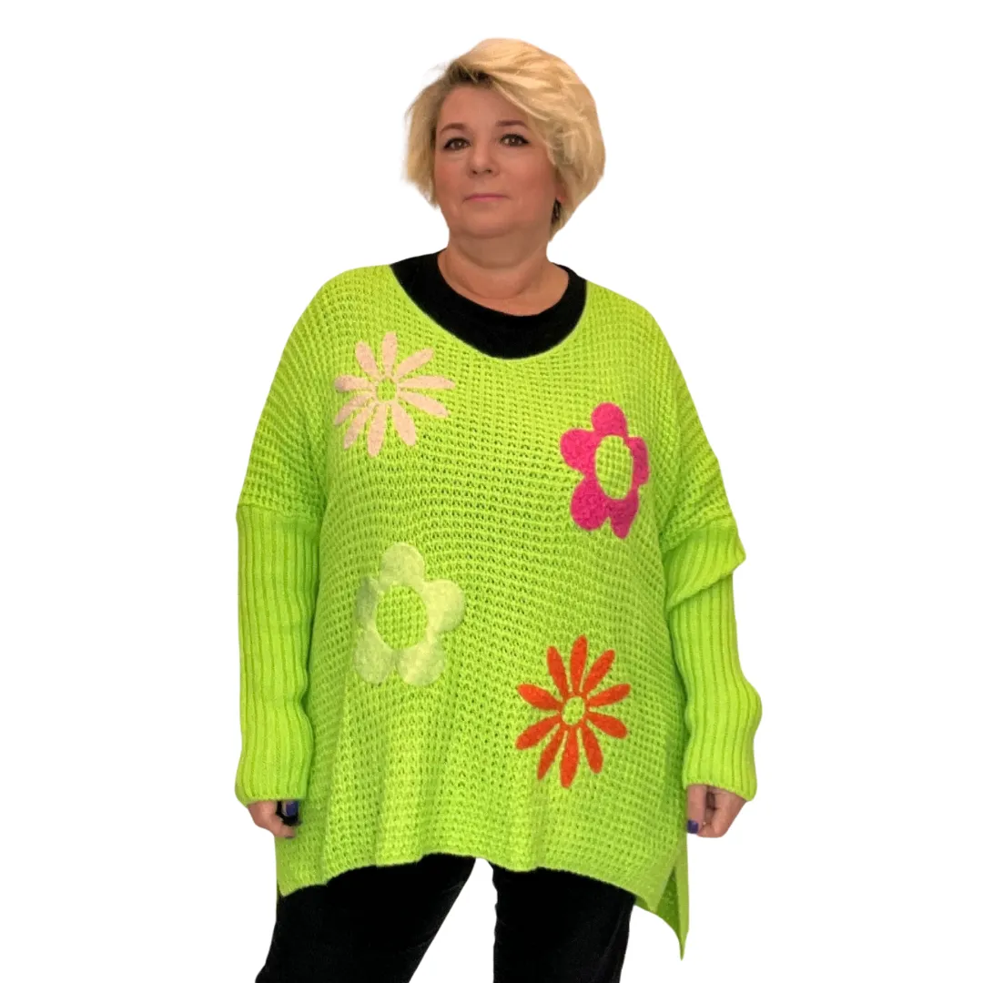 V NECK JUMPER WITH APPLIQUE HIPPY STYLE FLOWERS