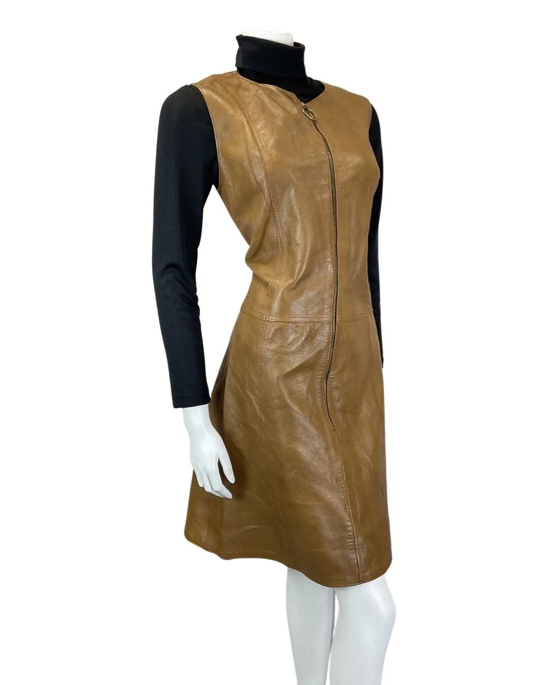VINTAGE 60s 70s BROWN LEATHER ZIP-UP O-RING MOD BOHO PINAFORE DRESS 10 12
