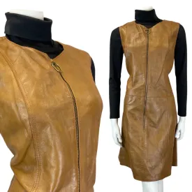 VINTAGE 60s 70s BROWN LEATHER ZIP-UP O-RING MOD BOHO PINAFORE DRESS 10 12