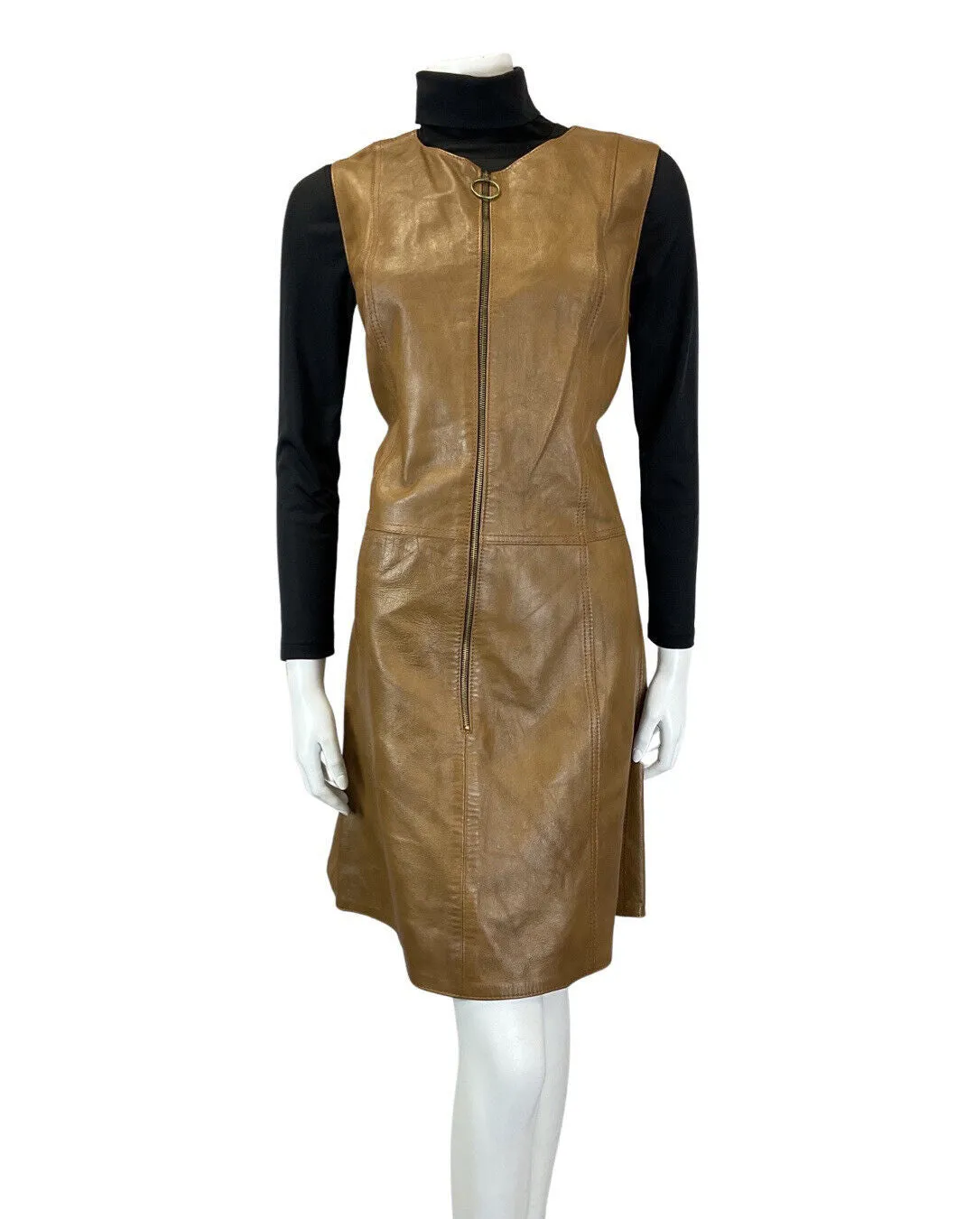 VINTAGE 60s 70s BROWN LEATHER ZIP-UP O-RING MOD BOHO PINAFORE DRESS 10 12