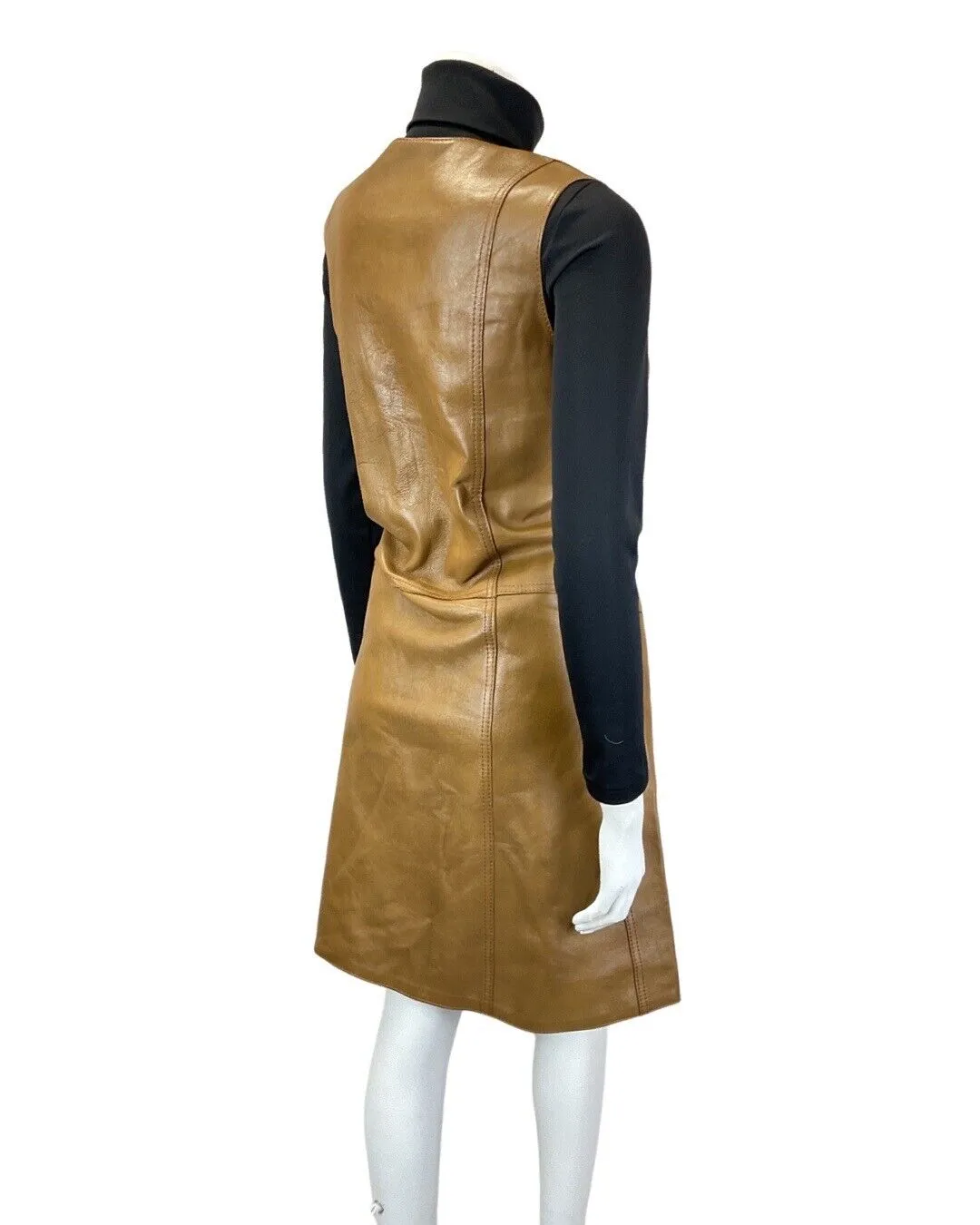 VINTAGE 60s 70s BROWN LEATHER ZIP-UP O-RING MOD BOHO PINAFORE DRESS 10 12