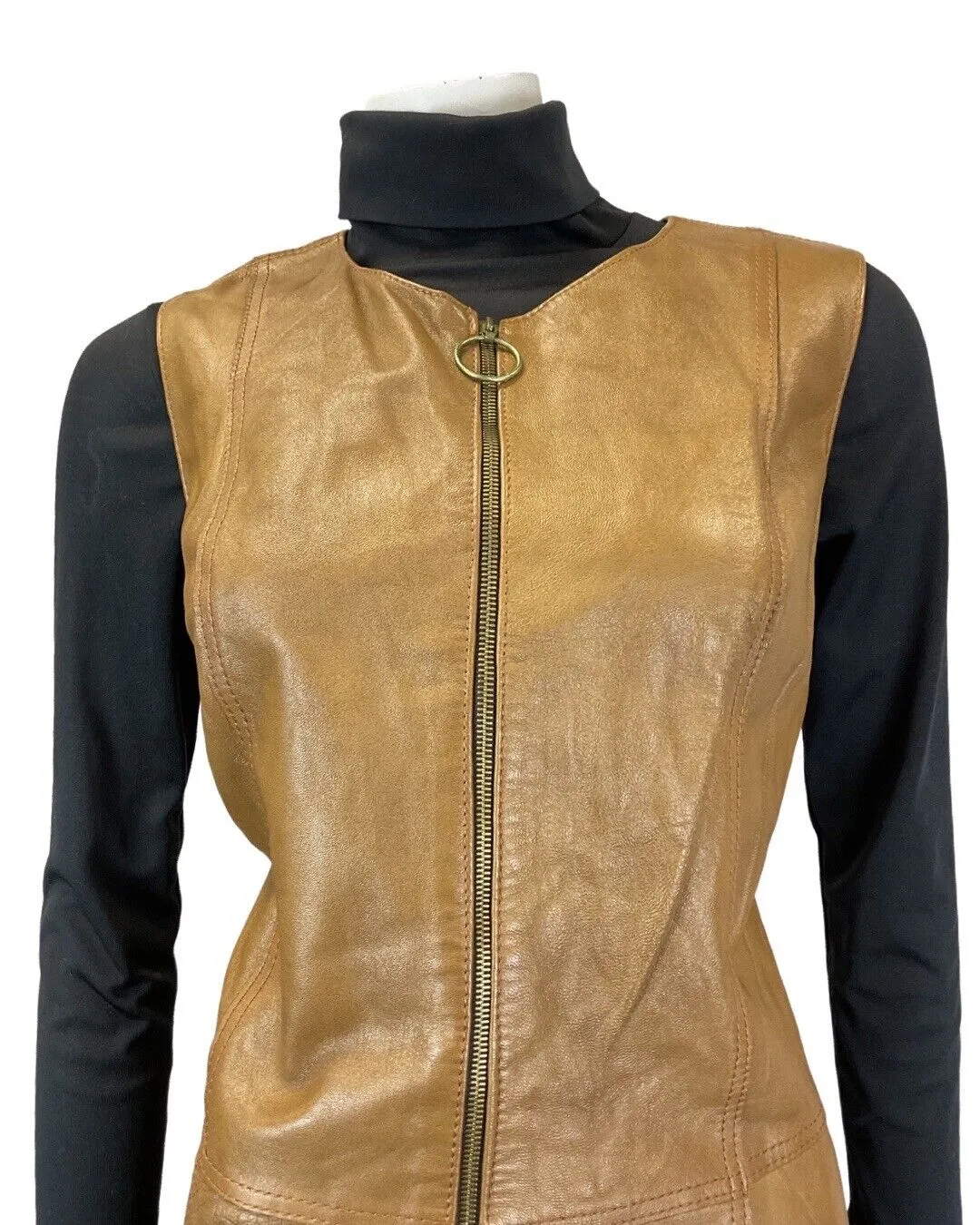 VINTAGE 60s 70s BROWN LEATHER ZIP-UP O-RING MOD BOHO PINAFORE DRESS 10 12
