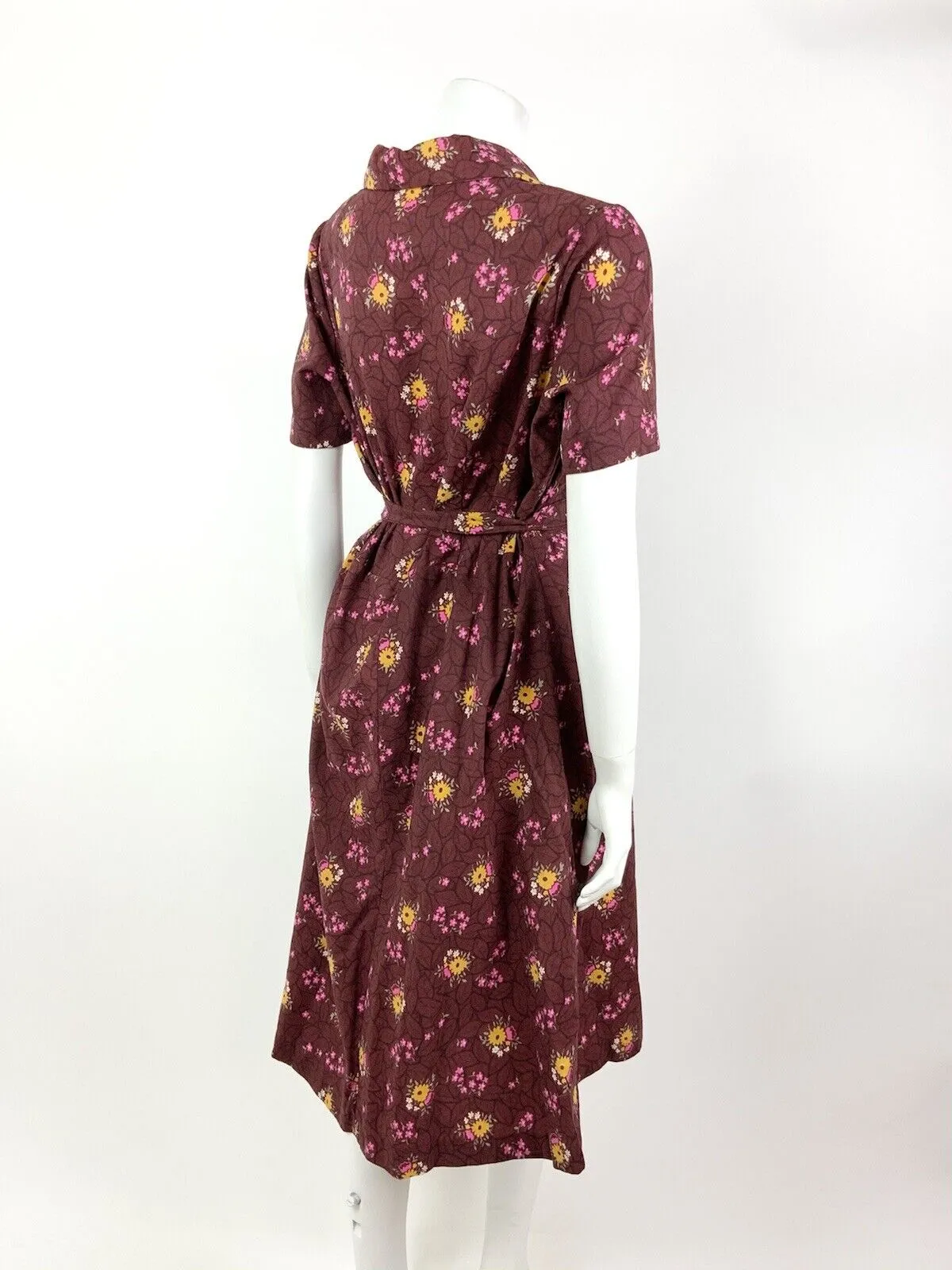 VINTAGE 60s 70s WINE RED YELLOW PINK LEAFY FLORAL DAGGER SHIRT DRESS 16 18