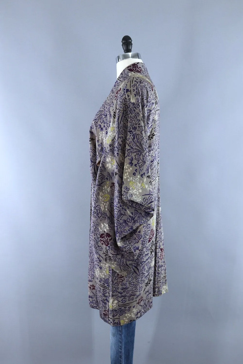 Vintage Silk Kimono Cardigan Jacket / Grey Ombre Floral