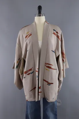 Vintage Silk Kimono Cardigan Jacket / Taupe Watercolor