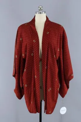 Vintage Silk Kimono Cardigan - Maroon Red Dots