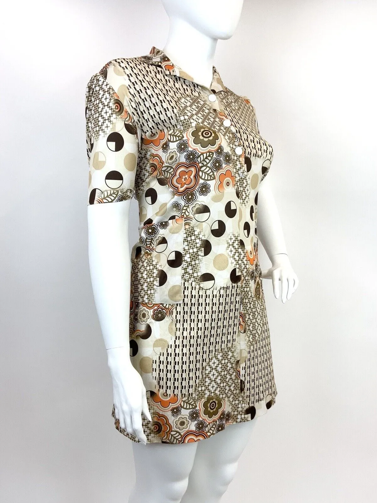 VTG 60s 70s CREAM BROWN ORANGE FLORAL GEOMETRIC PSYCHEDELIC SHIRT DRESS 18