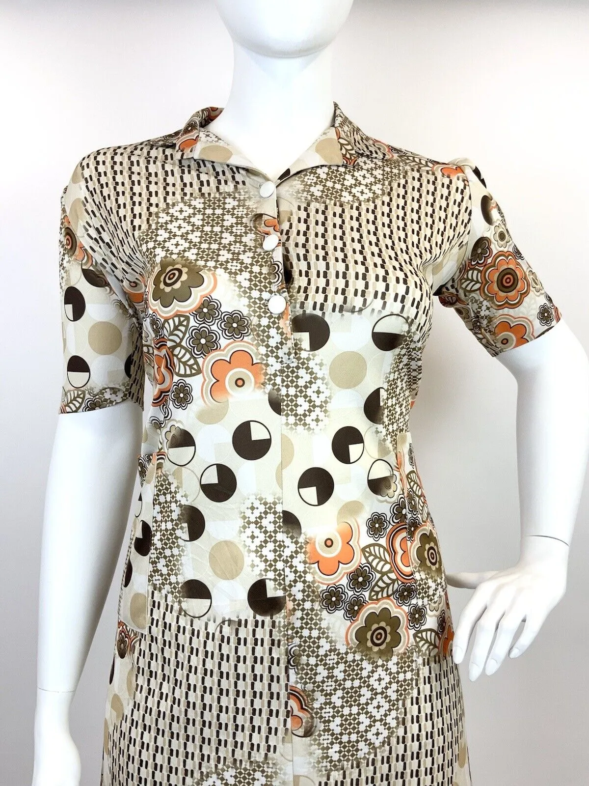 VTG 60s 70s CREAM BROWN ORANGE FLORAL GEOMETRIC PSYCHEDELIC SHIRT DRESS 18